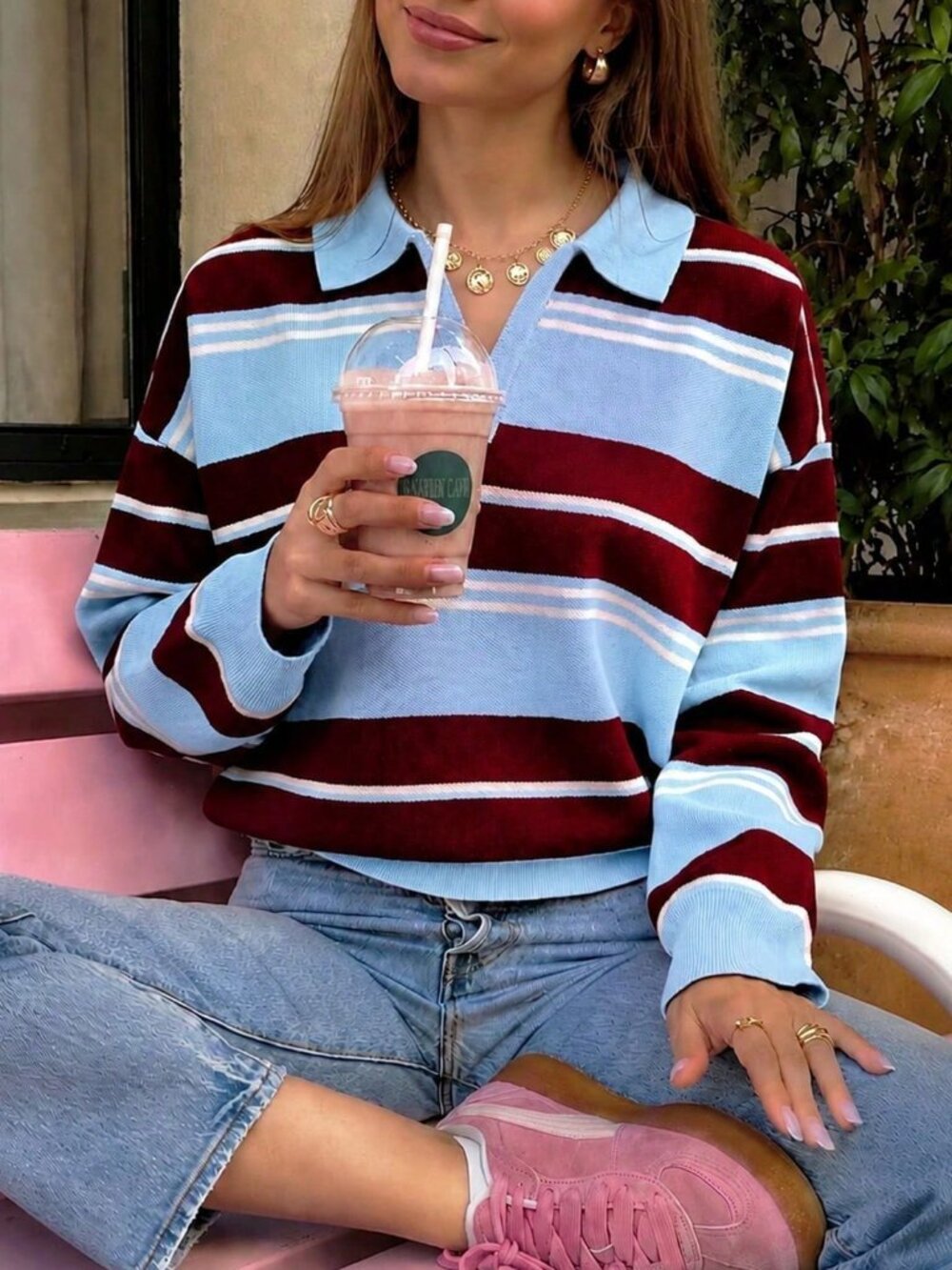 Light Blue Wine Red Casual Women's Loose Colorblock Regular Neck Pullovers
